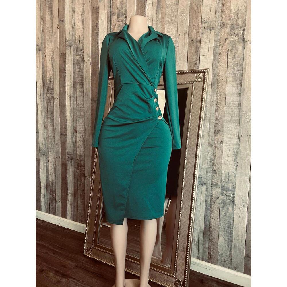 Classic Lapel Neck Wrap Dress with Ruched Button Design